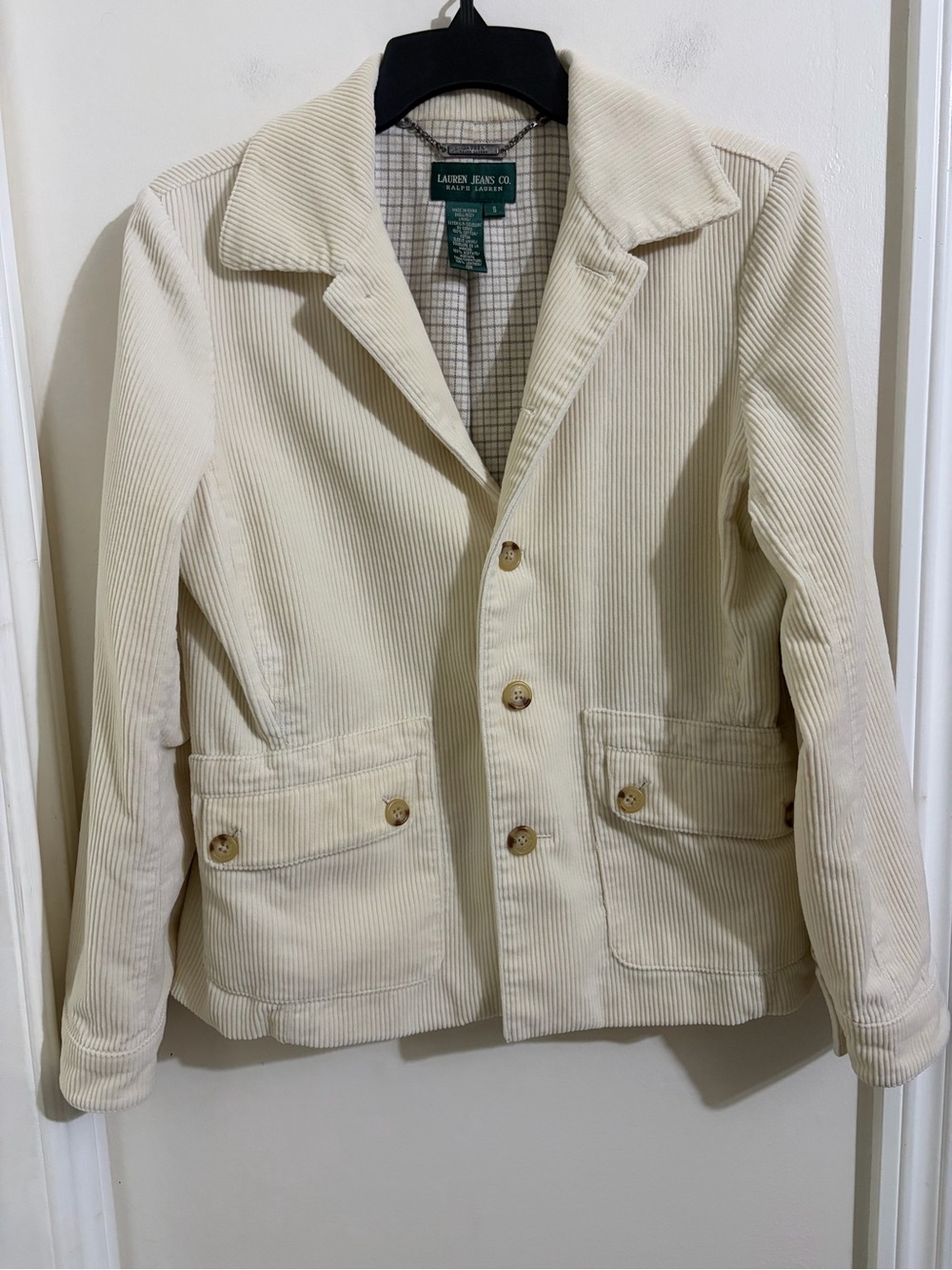 Lauren Ralph Lauren Cream Plaid Lined Corduroy Jacket with Green Label